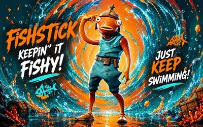 Fishstick Fortnite, 4k, turquoise 3D background, Fortnite, fan art, Fishstick Skin, Fortnite Fishstick Skin, creative, Fishstick