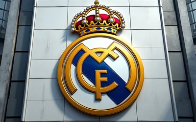 Real Madrid metal logo, metal wall, Real Madrid metal emblem, Real Madrid logo, Real Madrid metal sign, La Liga, Spain, football, Real Madrid, Real Madrid CF logo, Real Madrid CF