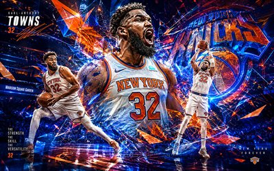 Karl-Anthony Towns, 4k, blue futuristic lights, New York Knicks, NBA, American basketball players, Karl-Anthony Towns 4K, basketball, Karl-Anthony Towns Art, NY Knicks, Karl-Anthony Towns New York Knicks