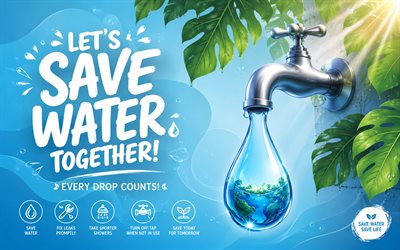 Save water, 4K, 3D water drop, Water conservation, ecology, blue background, water concepts, Save water concepts, eco concepts, environment, Lets Save Water Together