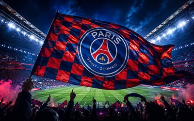 PSG logo on the flag, 4k, Paris Saint-Germain, red and blue flag, football stadium, Paris Saint-Germain logo, PSG logo, PSG emblem, France, football, PSG