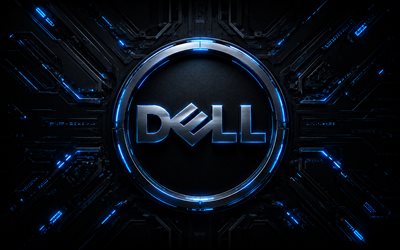 Dell 3D metal logo, technology background with blue backlight, Dell logo, Dell emblem, Dell sign, Dell metal sign, Dell, creative black background