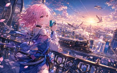 March 7th, 4k, sunset, seagulls, Honkai Star Rail, cityscape, manga, Honkai Star Rail characters, San Yue Qi, March 7th Honkai Star Rail
