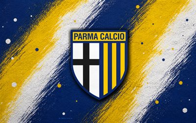 Parma Calcio 1913 logo, 4k, yellow blue paint background, Parma Calcio 1913, Italian football club, Parma Calcio 1913 emblem, Serie A, Italy, Parma Calcio, Parma FC, Parma