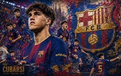 Pau Cubarsi, FC Barcelona, 4K, stone background, FC Barcelona logo, Pau Cubarsi FC Barcelona, mural art, football, Barcelona, Raphinha Barcelona, Pau Cubarsi Paredes