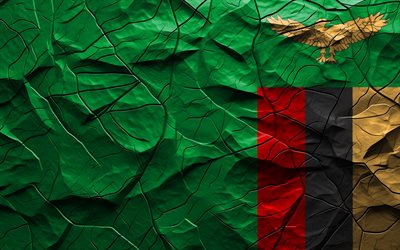4k, Zambia flag, stone texture, flag of Zambia, Africa, Zambia 3D flag, background with cracks, Zambia, Zambian flag