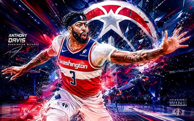 Anthony Davis, 4k, blue futuristic background, Washington Wizards, NBA, american basketball players, Anthony Davis 4K, basketball, Anthony Davis Art, Anthony Davis Washington Wizards