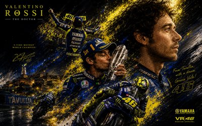 Valentino Rossi, the Doctor, 4k, sports legends, Italian motorcycle racer, creative art, Yamaha, Valentino Rossi art, MotoGP, Yamaha Factory Racing, Valentino Rossi 46, Italy