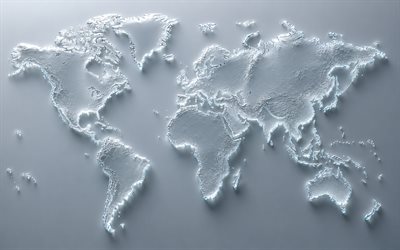 Glass world map, gray background, crystal world map, 4K, 3D art, world map concepts, transparent glass world map