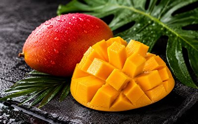 4k, sliced mango, green leaves, waterfall, bokeh, mango cubes, jungle, exotic fruits, mango, fresh fruits, two mango, ripe fruits, picture with mango, fruits, ripe mango