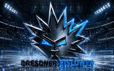 Dresdner Eislowen metal logo, 4k, spotlights, ice arena, DEL, hockey, Dresdner Eislowen logo, hockey stadium, Dresdner Eislowen 3D logo, german hockey team, Dresdner Eislowen