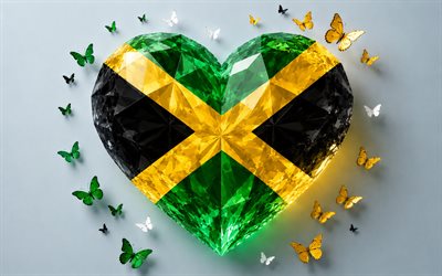 Flag of Jamaica, 4k, Jamaican flag, I love Jamaica, 3d crystal heart, Jamaica 3d flag, 3d crystal heart like Jamaica flag, North America, Jamaica flag, 3d art, Jamaica heart flag, Jamaica