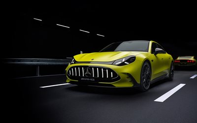 2027 Mercedes-AMG GT 4-Door Coupe, 4k, front view, exterior, yellow Mercedes-AMG GT 4-Door Coupe, German cars, Mercedes-AMG, Mercedes-Benz