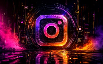 4k, Instagram futuristic logo, cyberpunk, purple futuristic background, colorful neon rays, social networks, Instagram 3D logo, Instagram glass logo, brands, Instagram logo, Instagram