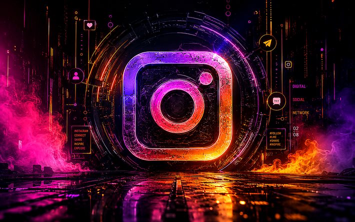 4k, Instagram futuristic logo, cyberpunk, purple futuristic background, colorful neon rays, social networks, Instagram 3D logo, Instagram glass logo, brands, Instagram logo, Instagram