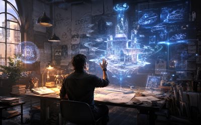 ideenkonzepte, 4k, ingenieur unter ideen, werkstatt, ideensuche, geschäftskonzepte, glühbirnenhintergrund, idee