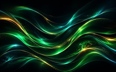 Green abstract neon waves, black background, light green waves, green abstract waves background, creative wave background, abstract waves