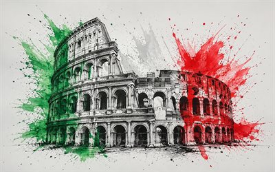 4K, Colosseum, Rome, Italian flag, creative grunge art, Italian landmarks, Italian grunge flag, paint splashes, Italy flag, Colosseum art, Italy