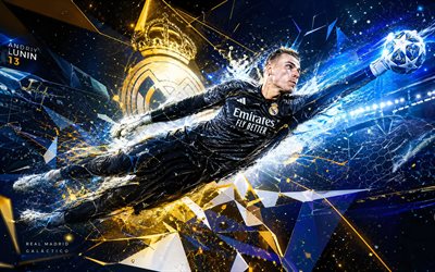 Andriy Lunin, Real Madrid CF, fan art, white abstract digital background, Andriy Lunin Real Madrid CF, creative art, Real Madrid CF logo, Andriy Lunin Real Madrid, football, Real Madrid