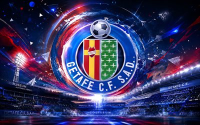 Getafe CF, 4k, Spanish football club, Getafe CF logo, football art, blue abstract background, Getafe CF emblem, La Liga, football, Spain, Getafe