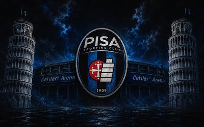 Pisa SC, 4k, blue background, Italian football club, Pisa SC logo, burgundy bulls, Pisa SC emblem, Pisa SC sign, Torino, Italy, football, Pisa