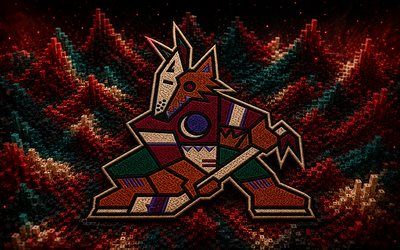 Arizona Coyotes fabric logo, 4k, black maroon 3D background, NHL, hockey, Arizona Coyotes logo, Arizona Coyotes emblem, american hockey team, Arizona Coyotes