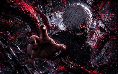 Ken Kaneki, 4k, darkness, dark futuristic background, Tokyo Ghoul characters, artwork, Kaneki Ken, mask, protagonist, Tokyo Ghoul, Ken Kaneki art, Ken Kaneki Tokyo Ghoul
