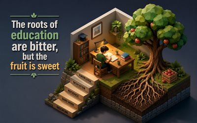 The roots of education are bitter but the fruit is sweet, Aristotle, 3D isometric art, education quotes, Aristotle quotes, motivation, inspiration