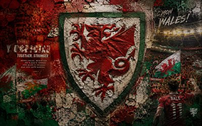 Wales national football team logo, 4K, stone background, Wales national football team, 2026 FIFA World Cup, mural art, football, Wales, Football Association of Wales