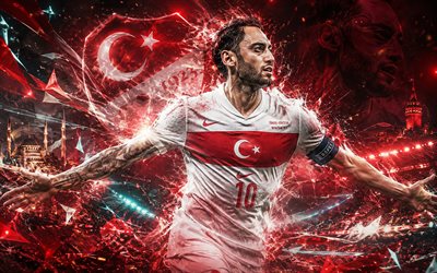 Hakan Сalhanoglu, Turkey national football team logo, 4K, Hakan Сalhanoglu Turkey, stone background, Turkey national football team, football, Turkey, Hakan Сalhanoglu Turkey national football team