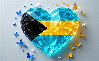 Flag of Bahamas, 4k, Bahamian flag, I love Bahamas, 3d crystal heart, Bahamas 3d flag, 3d crystal heart like Bahamas flag, North America, Bahamas flag, 3d art, Bahamas heart flag, Bahamas