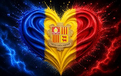 I Love Andorra, 4k, blue red paint splashes, dark space background, Day of Andorra, flag of Andorra, heart with Andorran flag, heart of paints, 3D hearts, Andorran flag, Andorra, Love for Andorra