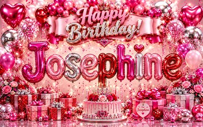 4k, Josephine Happy Birthday, pink background, glossy balloons 3D letters, Josephine name, creative, Josephine Birthday, pink gift boxes, popular american female names, Happy Birthday Josephine, picture with Josephine name, Josephine