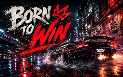 4k, Born to win, night racing, cyberpunk, Lamborghini Huracan, popular short quotes, Born to win concepts, inspiration, Born to win inspiration, creative, Born to win Art