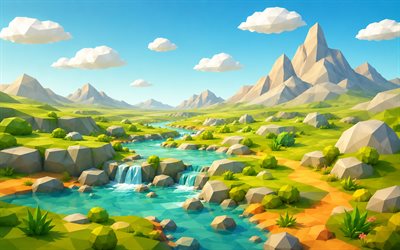 low poly landscape, 4k, river, mountains, clouds, abstract nature, low poly art, abstract landscapes
