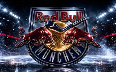 EHC Red Bull Munchen metal logo, 4k, spotlights, ice arena, DEL, hockey, EHC Red Bull Munchen logo, hockey stadium, EHC Red Bull Munchen 3D logo, german hockey team, EHC Red Bull Munchen