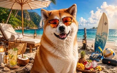4k, Akita Inu, bokeh, summer, tropical beach, beach accessories, sea, sun lounger, sunglasses, Akita Inu on beach, dogs, cocktail, cute animals, beach, pets, dog in sunglasses, Akita Inu Dog