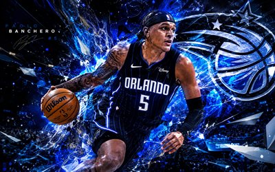 Paolo Banchero, 4k, blue futuristic background, Orlando Magic, NBA, american basketball players, Paolo Banchero 4K, basketball, Paolo Banchero Art, Paolo Banchero Orlando Magic
