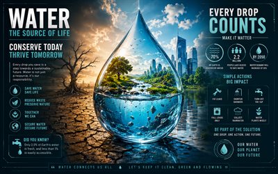 4k, Save water, infographics, 3D water drop, Water conservation, ecology, blue background, water concepts, Save water concepts, eco concepts, environment, Lets Save Water Together