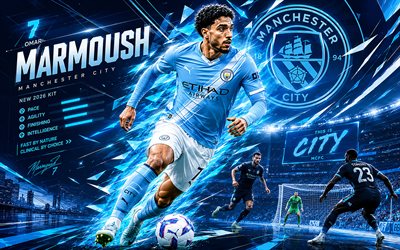 Omar Marmoush, Manchester City FC, vector art, blue white abstract background, Omar Marmoush Manchester City FC, creative art, Manchester City FC logo, Omar Marmoush Manchester City, football, Manchester City
