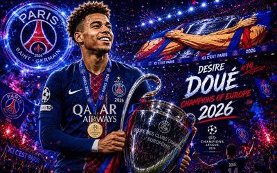 Desire Doue with Champions League Cup, Paris Saint-Germain, Desire Doue, PSG winner of the 2026 Champions League, PSG, football, 2026 Champions League winner, Champions League, Desire Doue PSG