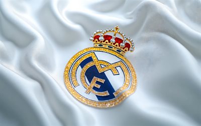 Real Madrid silk logo, white silk waves background, Real Madrid emblem, Real Madrid logo, close up, Real Madrid metal sign, La Liga, Spain, football, Real Madrid, Real Madrid CF logo, Real Madrid CF