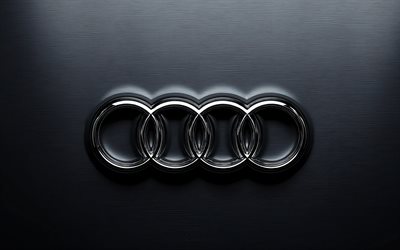 Audi chrome logo, 4K, gray stylish background, Audi emblem, Audi metal logo, Audi 3D logo, Audi