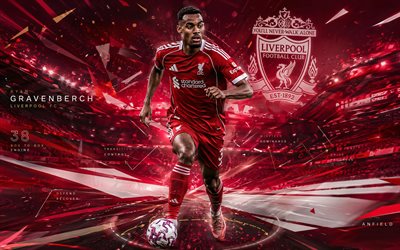 Ryan Gravenberch, Liverpool FC, fan art, red abstract digital background, Ryan Gravenberch Liverpool FC, creative art, Liverpool FC logo, Ryan Gravenberch Liverpool, football, Liverpool