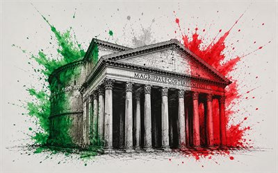 4K, Pantheon, Rome, Italian flag, creative grunge art, Italian landmarks, Italian grunge flag, paint splashes, Italy flag, Pantheon art, Italy, Pantheon Rome