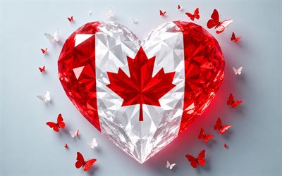 Flag of Canada, 4k, Canadian flag, I love Canada, 3d crystal heart, Canada 3d flag, 3d crystal heart like Canada flag, North America, Canada flag, 3d art, Canada heart flag, Canada