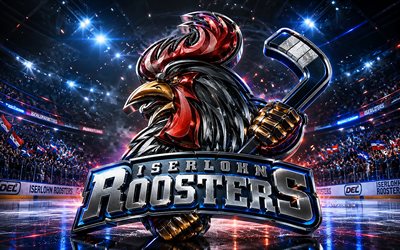 Iserlohn Roosters metal logo, 4k, spotlights, ice arena, DEL, hockey, Iserlohn Roosters logo, hockey stadium, Iserlohn Roosters 3D logo, german hockey team, Iserlohn Roosters