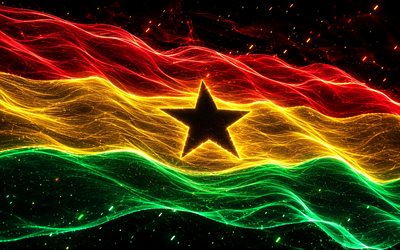 4k, Ghana glowing flag, creative, darkness, flag of Ghana, Day of Ghana, 3D art, Ghanaian flag, Ghana neon flag, neon waves Ghana flag, Ghana 3D flag, Ghana abstract flag, Ghana