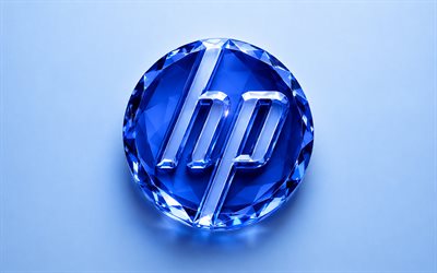 Hewlett-Packard 3D crystal logo, 4k, blue background, Hewlett-Packard blue crystal logo, HP logo, 3D HP crystal logo, HP sign, Hewlett-Packard