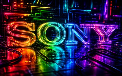 Sony rainbow glass logo, 4k, rainbow 3D background, darkness, wires, electronics brands, Sony glowing logo, creative, Sony logo, brands, Sony 3D logo, Sony